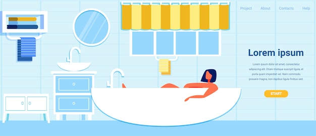 Landing page com cartoon mulher relaxante no banho