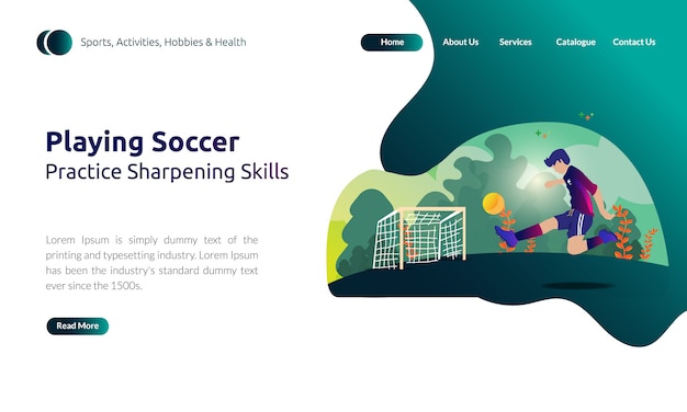 Landing page do homem jogando futebol, pratique habilidades de afiação