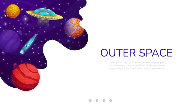 Landing page espaço desenho animado galáxia planetas ovni