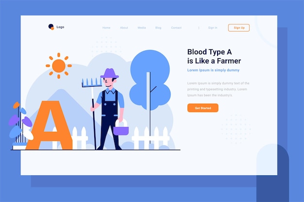 Landing page saúde médico tipo de sangue a fazendeiro homem fazer estilo de design plano e contorno de agricultura