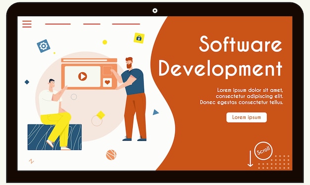 Landing page template withsoftware development concept. homens apontam para reprodutor de vídeo de modelo de página da web, discutem tarefas de trabalho, fluxo de trabalho