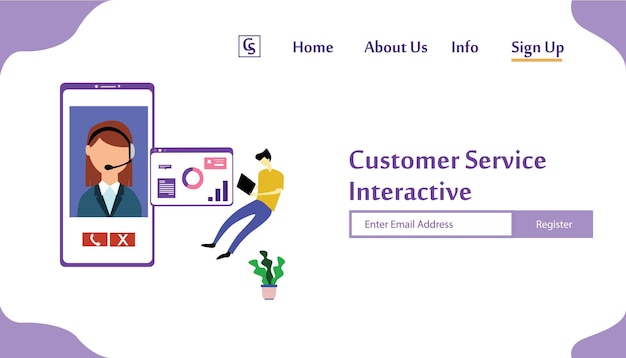 Vetor landing page website atendimento ao cliente interativo, call center para compras on-line e ilustração de design de modelo vetorial de conceito de negócio