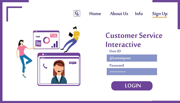 Vetor landing page website atendimento ao cliente interativo, call center para compras on-line e ilustração de design de modelo vetorial de conceito de negócio