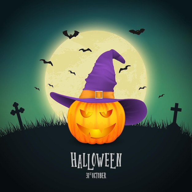 Lanterna de abóbora de halloween dos desenhos animados vetor com cara engraçada e chapéu de bruxa na noite brilhante lua fundo morcegos cemitério modelo de design de abóbora realista férias de outono conceito de halloween