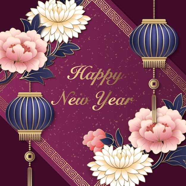 Lanterna de flor de peônia rosa roxa com relevo de ouro retro feliz ano novo chinês