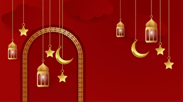 Lanterna dourada árabe ouro vermelho fundo de design islâmico fundo de banner universal ramadan kareem com mesquita de padrão islâmico de lua de lanterna e elementos islâmicos abstratos de luxo