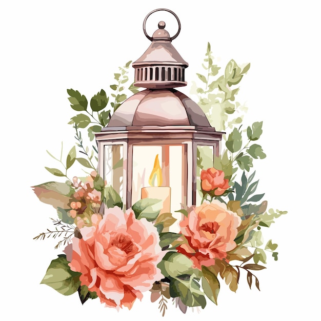 Lanterna e flores aquarela ilustração conceito de ramadan