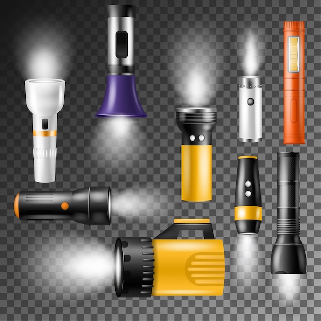 Vetor lanterna vector flash-luz iluminação com holofotes ou conjunto de ilustração flash