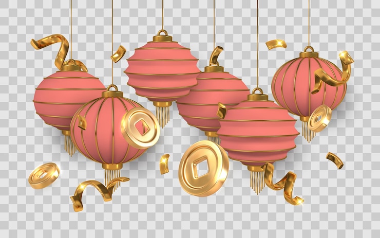 Vetor lanternas chinesas com moedas de ouro e confete em estilo 3d para a celebração do ano novo lunar