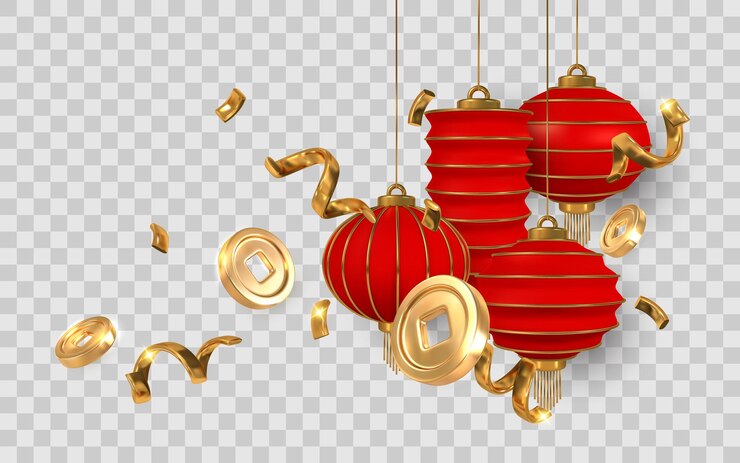 Vetor lanternas chinesas com moedas de ouro e fitas celebrando o ano novo lunar simbolizando sorte e riqueza