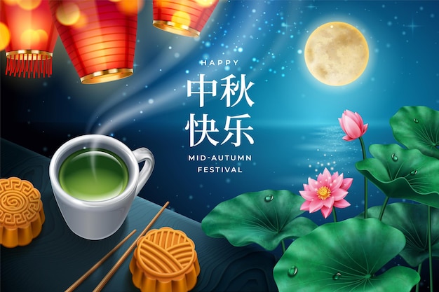 Lanternas chinesas e lua cheia sobre o rio noturno para a mesa de pôster do festival de outono com bolos lunares
