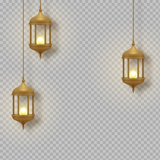 Lanternas luminosas vintage douradas. lâmpadas brilhantes árabes. lâmpadas realistas suspensas isoladas. efeitos de fundo vetorial transparente