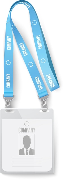 Lanyard azul com nome da empresa e titular do cartão de identificação mostrando uma silhueta de empresário isolada em fundo branco representa identificação profissional e marca corporativa