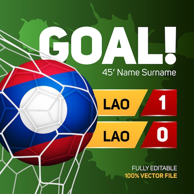Laos lao pdr bandeira maquete de bola de futebol de futebol marcando gol placar banner ilustração vetorial 3d