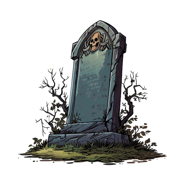 lápide de vetor com lápide de cabeça de esqueleto em lápide antiga de cemitério com ilustração vetorial de árvores em fundo branco