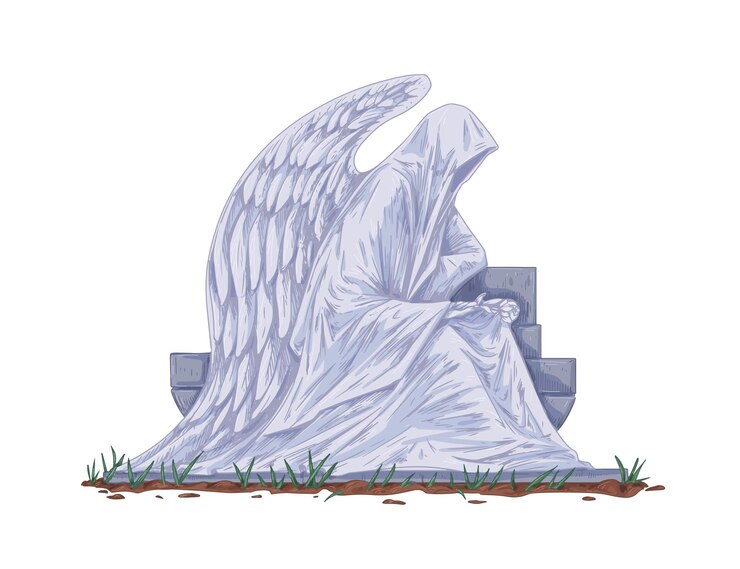 Vetor lápide do cemitério com escultura do anjo. lápide católica e estátua sentada com asas. lápide cristã do túmulo em estilo vintage. ilustração em vetor colorida desenhada isolada no fundo branco