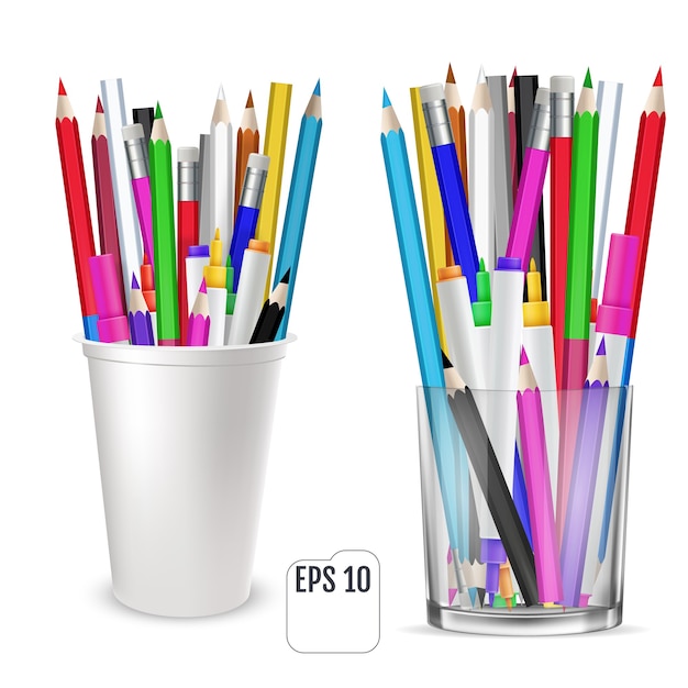 Vetor lápis de cor e lápis de feltro em copo para escritório. um conjunto de lápis de cor, fica de pé em um copo isolado no fundo branco.