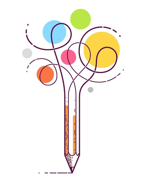 Lápis gráfico com linhas encaracoladas simboliza criatividade, ilustração vetorial de logotipo.