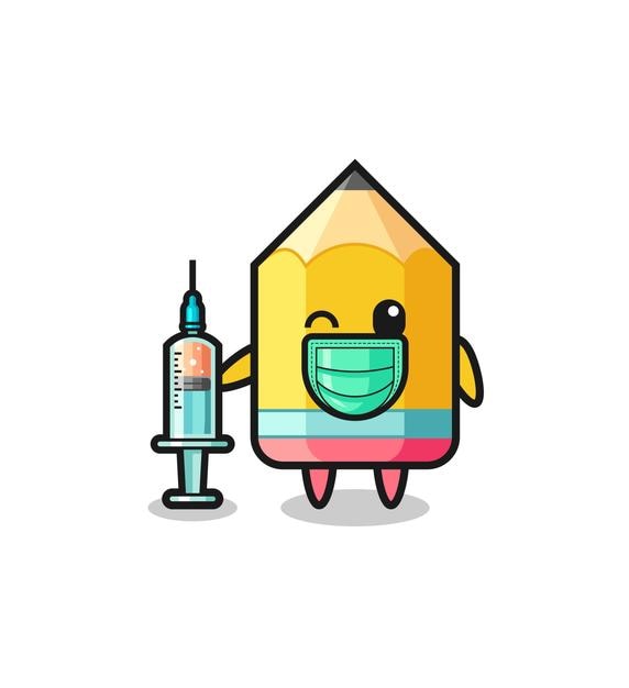 Vetor lápis mascote como vacinador