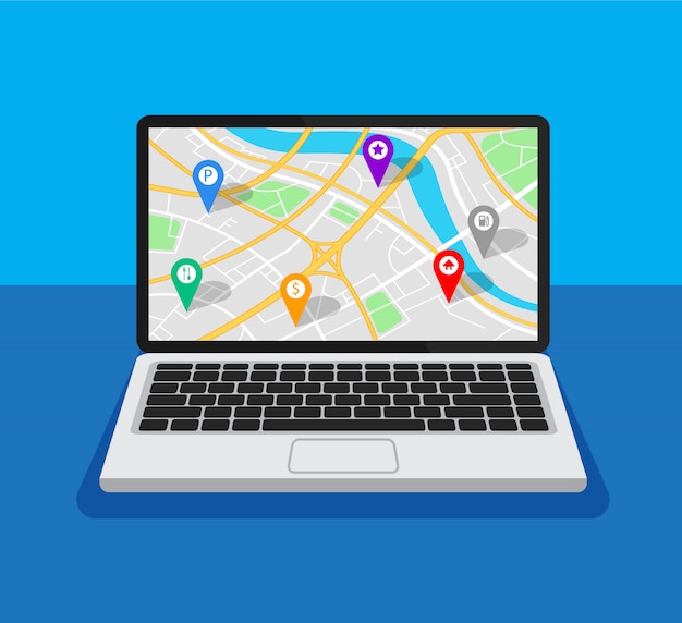 Laptop aberto com navegação de mapa em uma tela. navegador gps com diferentes pontos.