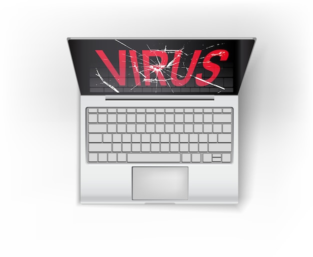 Vetor laptop aberto com tela quebrada vista superior do vírus rotulado