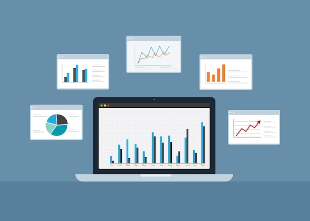 Laptop com análise Gráfico e planeamento financeiro Ilustração vetorial Ilustração de estoque