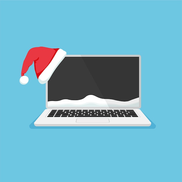 Laptop com chapéu de papai noel computador como presente de ano novo e modelo de banner pronto para o natal