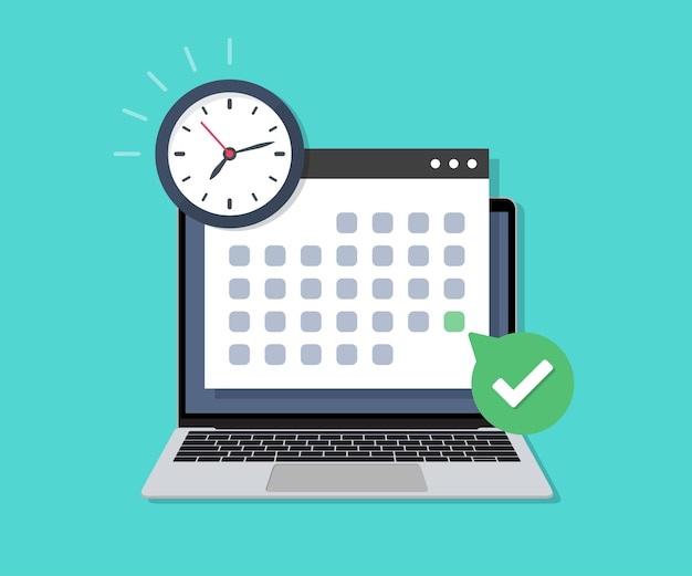 Laptop com data de calendário de verificação de prazo e relógio em um design plano