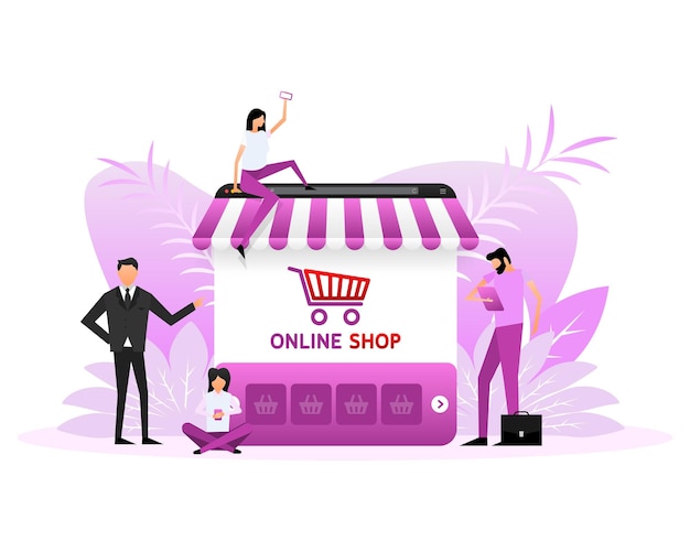 Laptop com e compra de tela personagens de estilo plano conceito de compras on-line