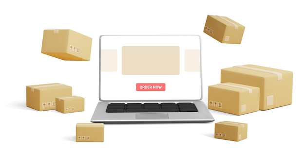 Laptop com entrega de encomendas APP Caixas marrons com sombra e ilustração vetorial de conceito móvel