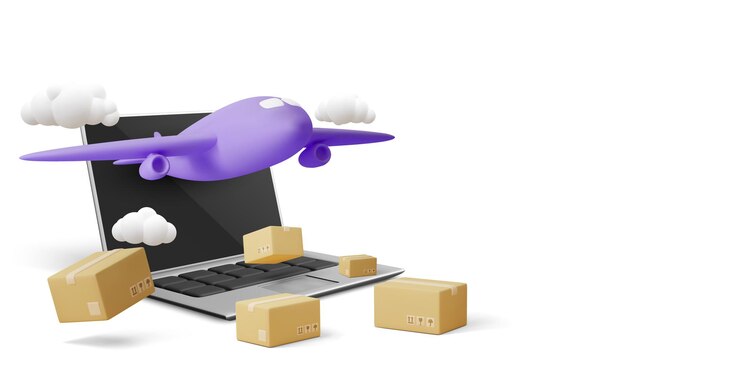 Vetor laptop com entrega de encomendas de avião app caixas marrons com sombra e ilustração vetorial de conceito de pc