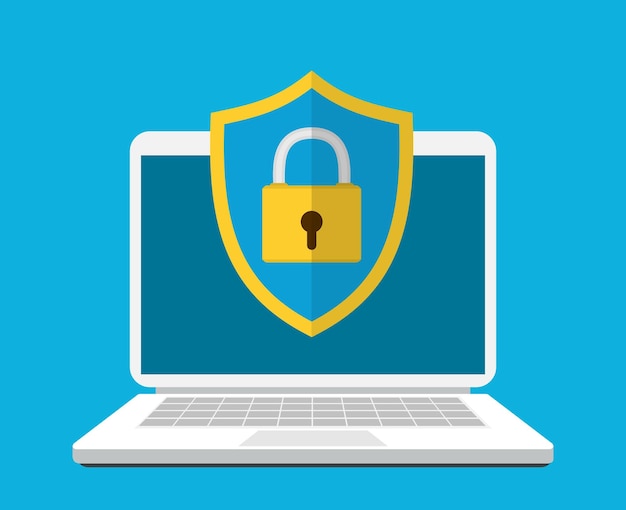 Laptop com escudo e trava na mesa Conceito de segurança do computador Ilustração vetorial em estilo simples