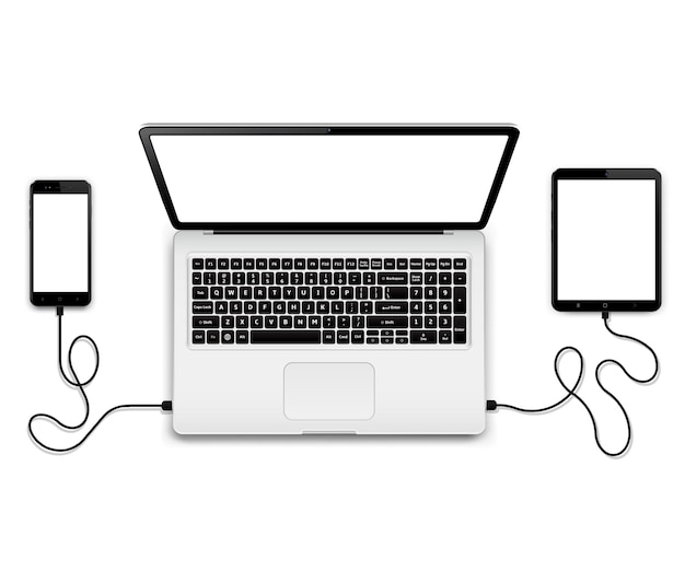 Laptop com smartphone e tablet conectados
