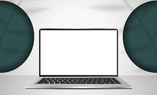 Laptop com tela branca em um estúdio de luz Espaço de fundo de estúdio branco com sombras e prateleira Vetor grátis