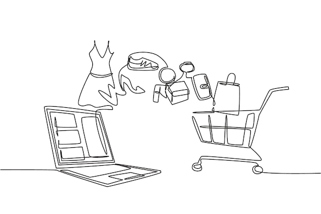 Laptop de desenho de linha única e carrinho de compras com produtos comprados em marketing digital on-line