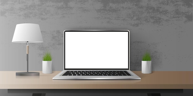 Laptop de desenho vetorial realista com tela branca em cima da mesa. Mesa de madeira, abajur, parede de concreto cinza.