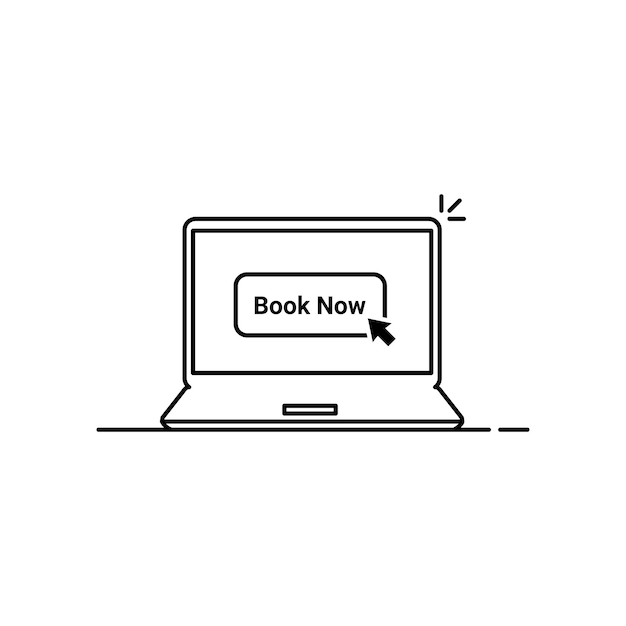 Laptop linear preto com livro agora curso plano logotipo moderno ui arte gráfica design simples isolado no fundo branco conceito de reserva fácil por notebook ou dispositivo móvel e motel de pré-encomenda