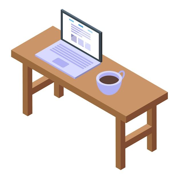 Laptop na mesa de trabalho ícone vetor isométrico Trabalhar com xícara de café