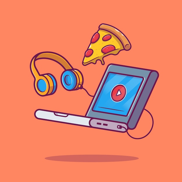 Laptop, pizza e fones de ouvido icon ilustração. conceito de tecnologia e comida isolado