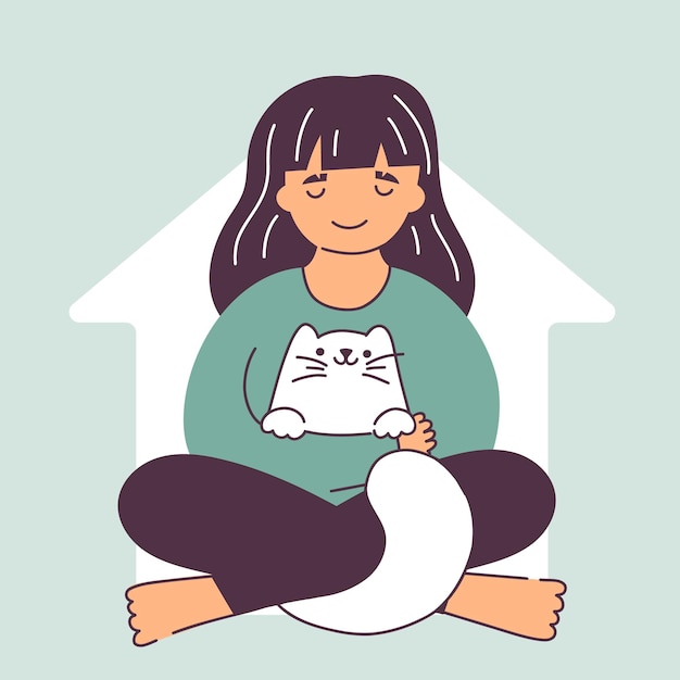 Vetor lar doce lar conceito dos desenhos animados de vetor plano fofo ilustração garota feliz abraça gato sentado com ele amor para casa lar é onde seu gato está