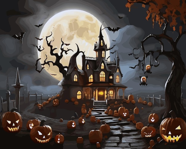 Laranja brilhante fundo de abóbora de halloween o dia mais assustador do ano detalhado casa de noite lua