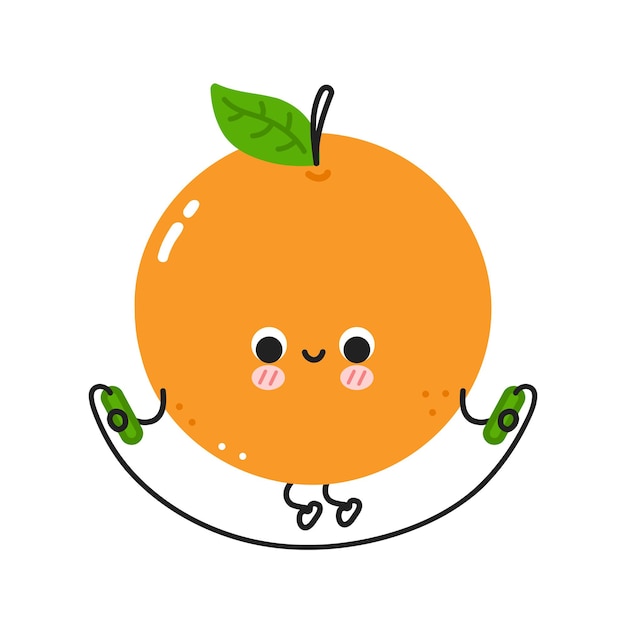 Laranja engraçada fofa fazer ginásio com corda de pular. ícone de ilustração do vetor linha plana dos desenhos animados do personagem kawaii. isolado em um fundo branco. conceito de personagem de treino de frutas laranja