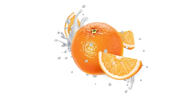 Laranja fresca em salpicos de iogurte em um fundo branco. Ilustração realista.