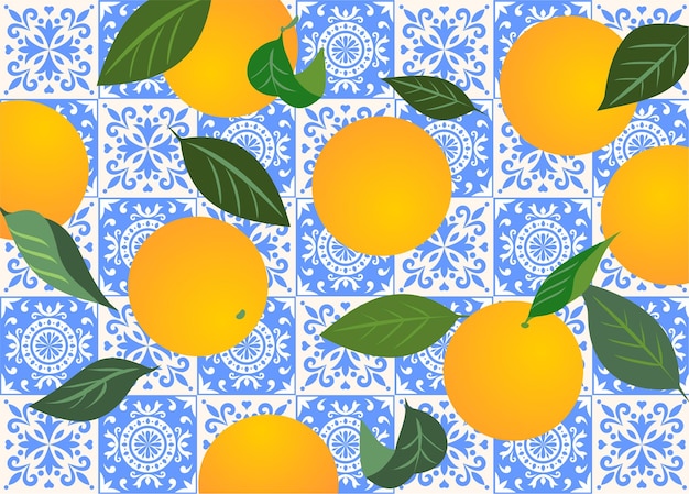 Laranjas em azulejos com padrão mediterrâneo
