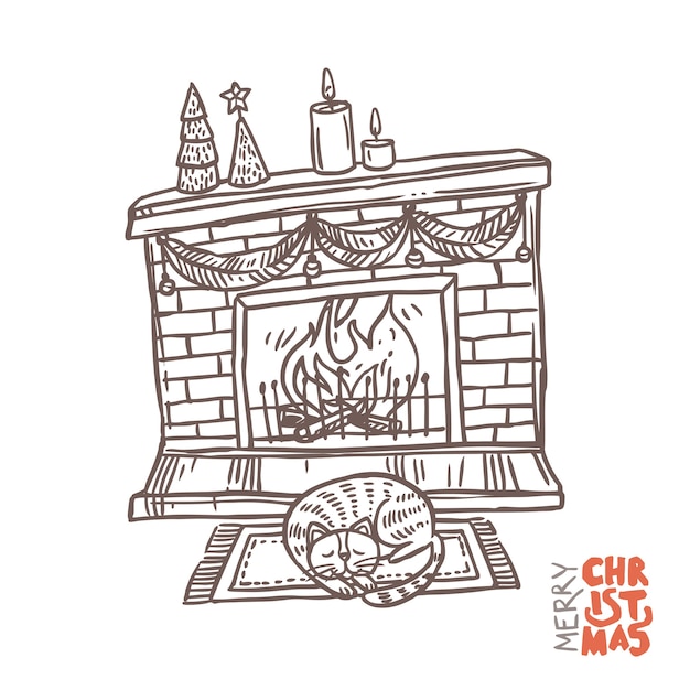 Lareira de natal com fogo, decoração e gato dormindo.