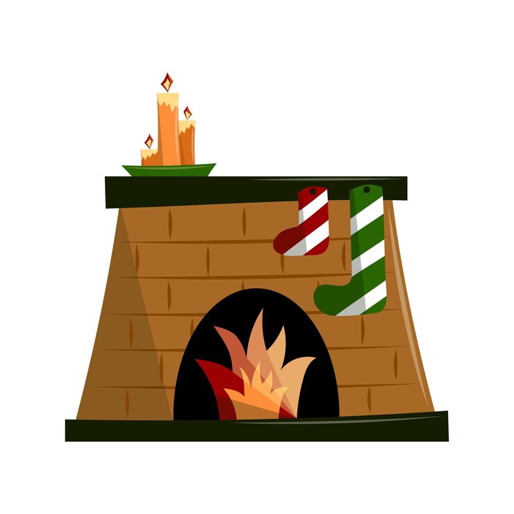 Vetor lareira de natal de tijolos com fogo ardente isolado em fundo branco lareira de pedra plana
