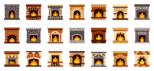 Lareira natal fogo plana ícone conjunto, sinal de aconchegante casa, lugar de meia de presente de natal.