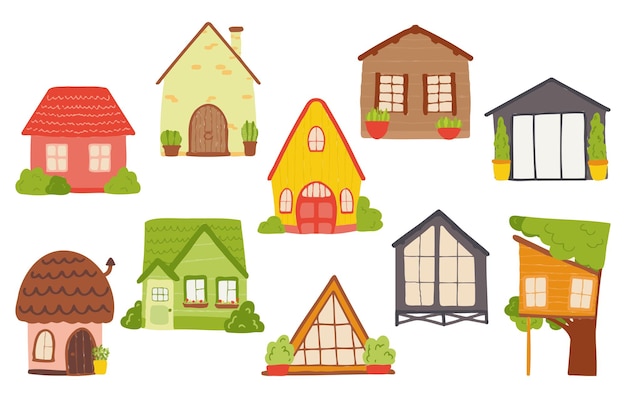 Lares das crianças dos desenhos animados em cores brilhantes. Conjunto de vetores de casas em rosa, verde, cinza para banners, cartões, etiquetas para crianças.