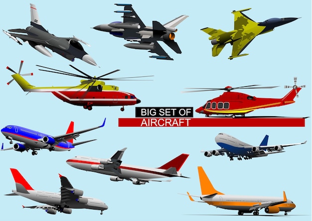 Large collection of various aircraft including helicopters and passenger planes soaring through the sky Hand drawn illustration