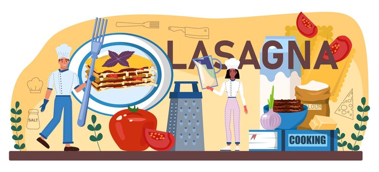 Vetor lasanha com cabeçalho tipográfico culinária italiana deliciosa no prato